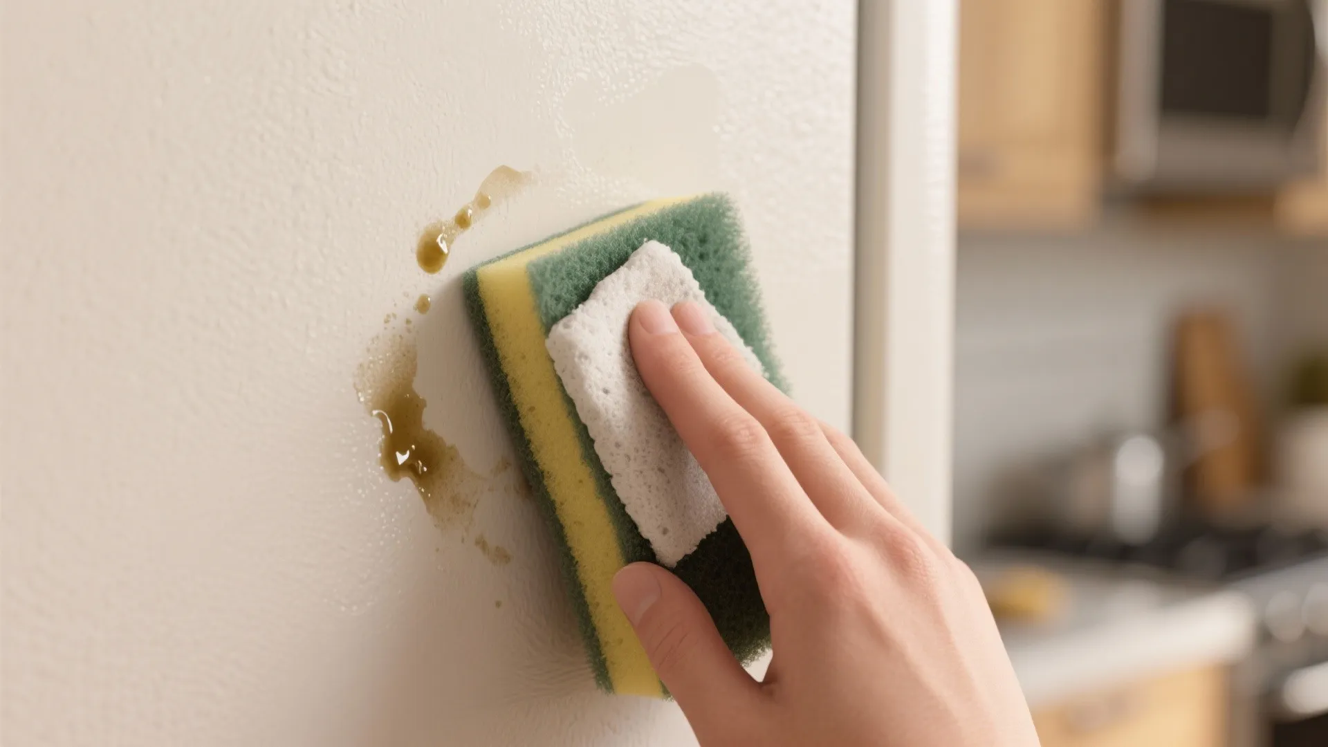 Hand using a green and yellow sponge to clean a brown stain off white kitchen surface