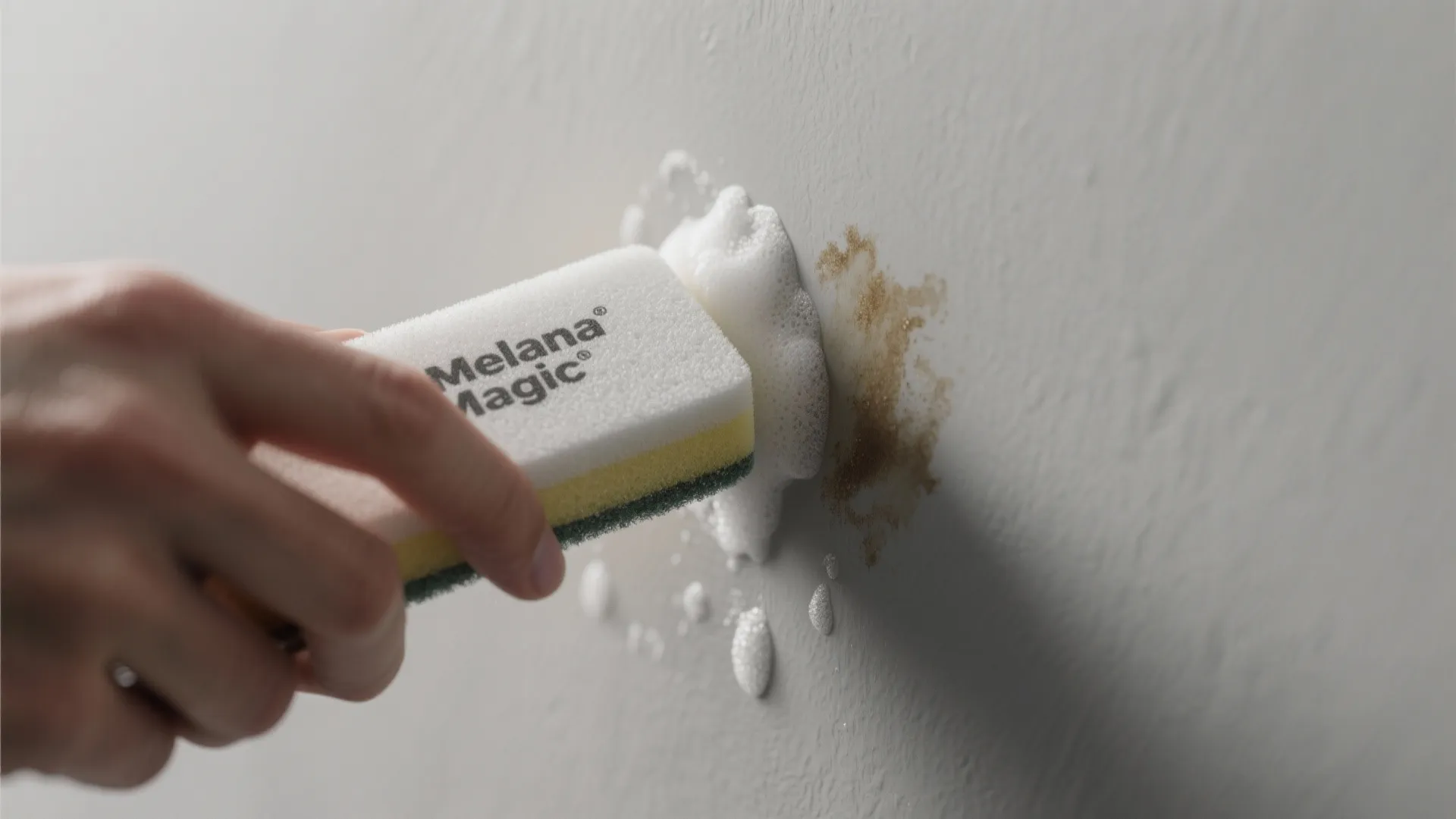 A hand using a white cleaning sponge with foam to remove brown stains from wall