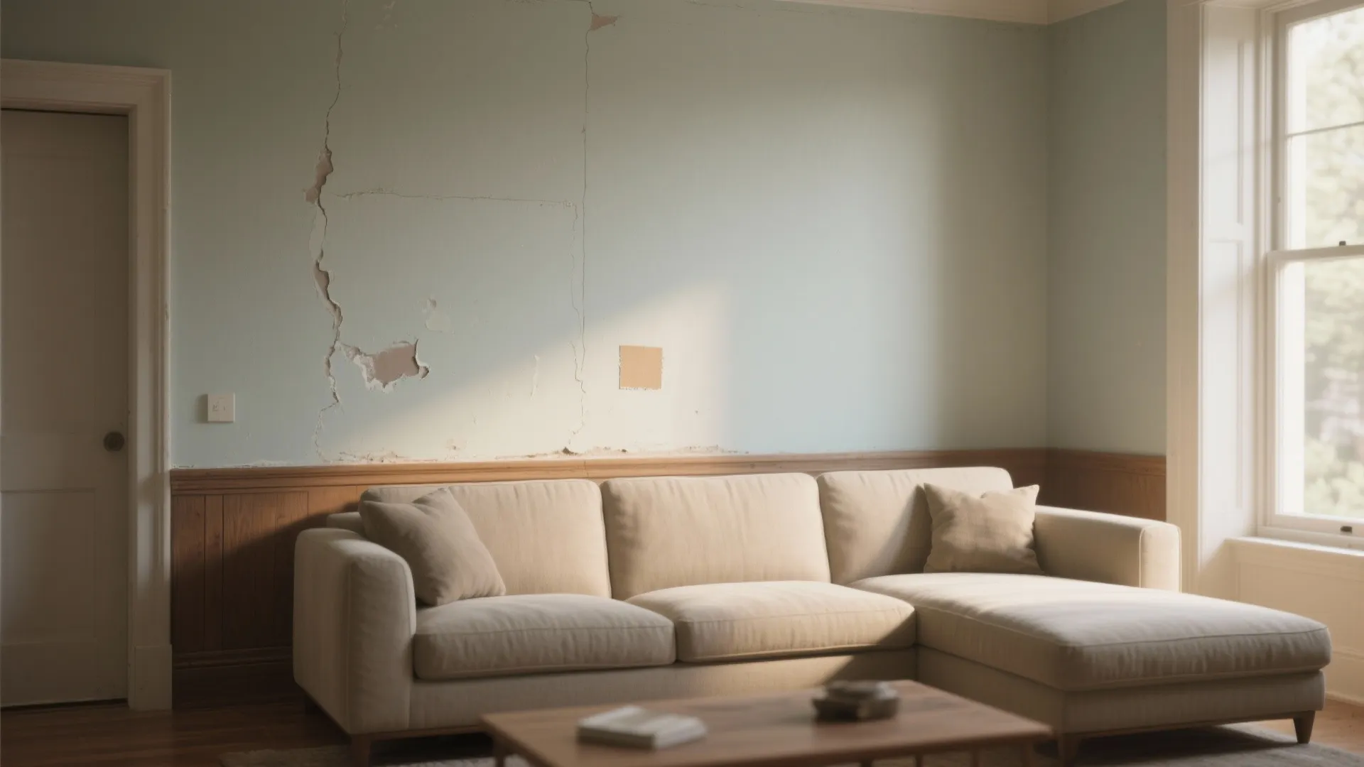 Living room with a large beige sofa placed against a damaged green wall with paneling
