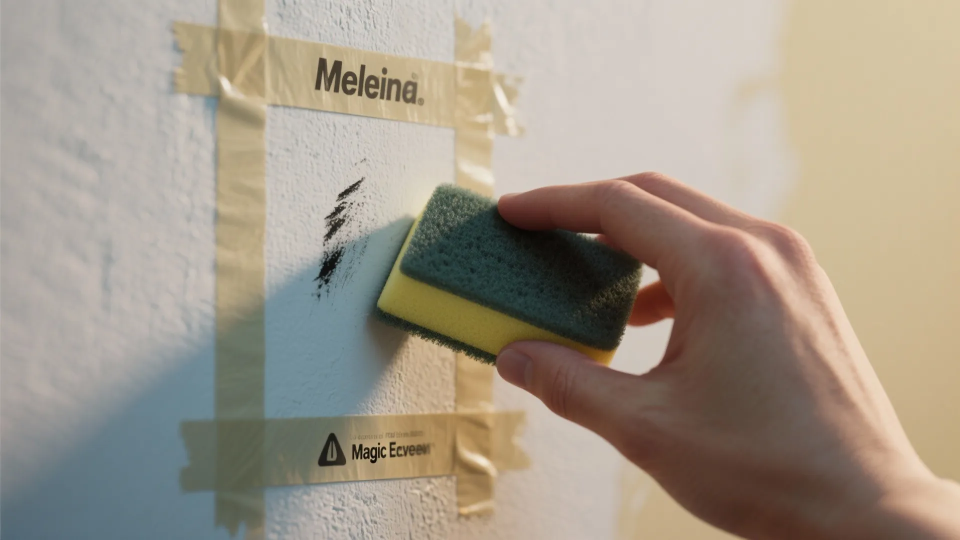 Hand using a green sponge to clean a black mark off a taped white textured wall