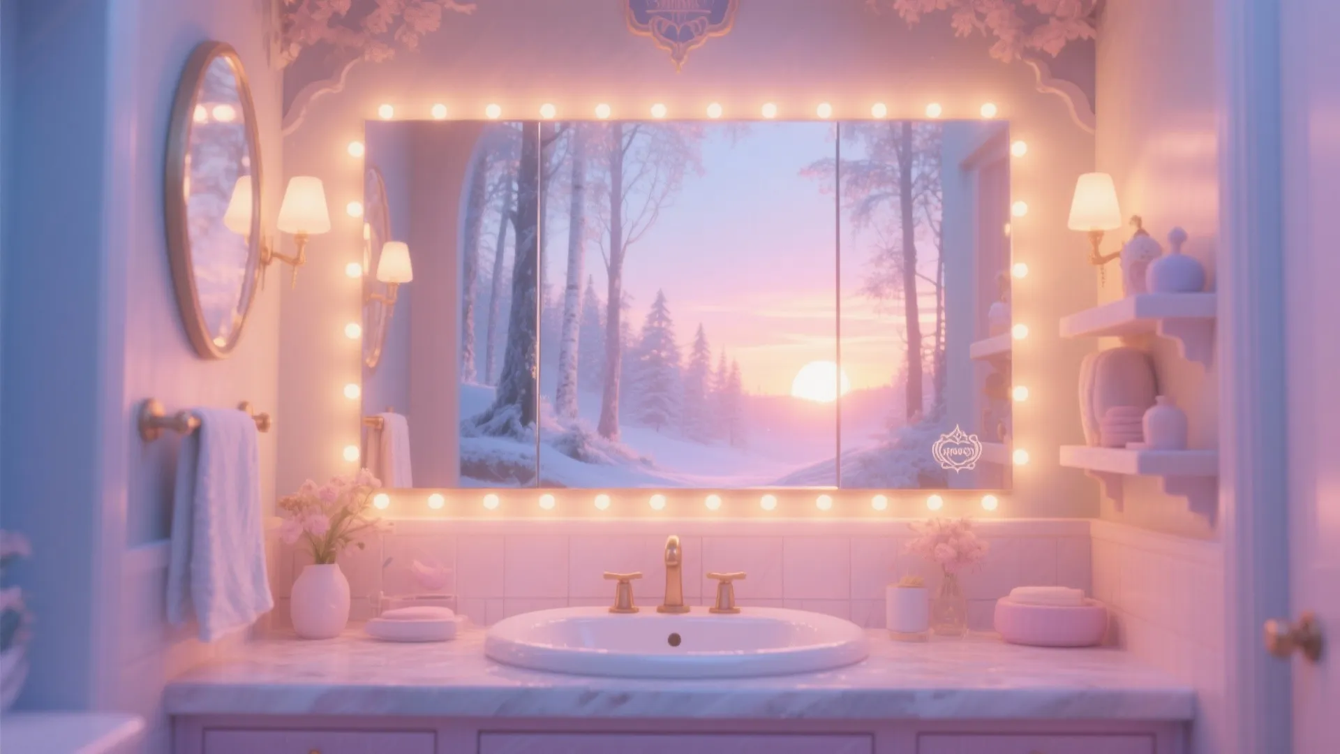 Pink bathroom vanity with lighted mirror showing sunset view white sink and gold water tap