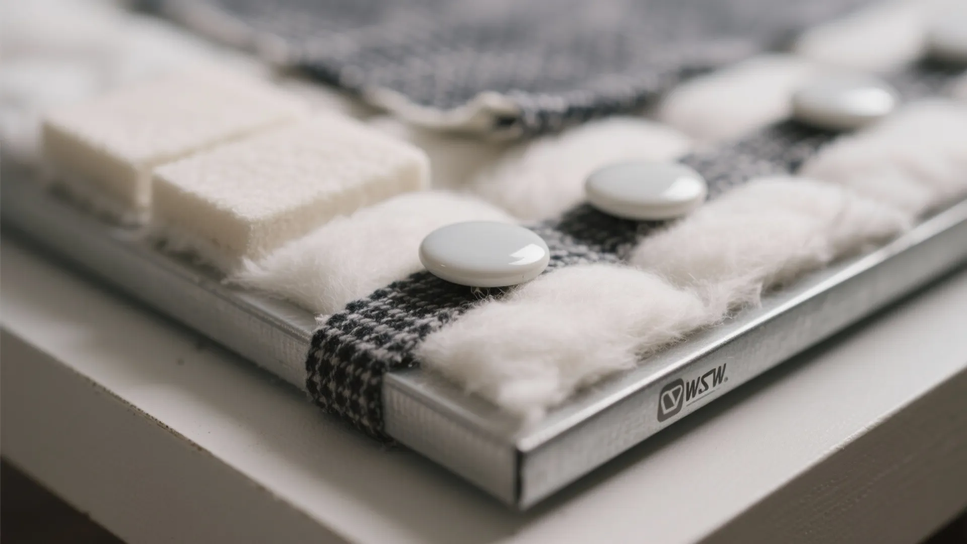 Close up of white soft padding material with round white magnets and dark patterned fabric