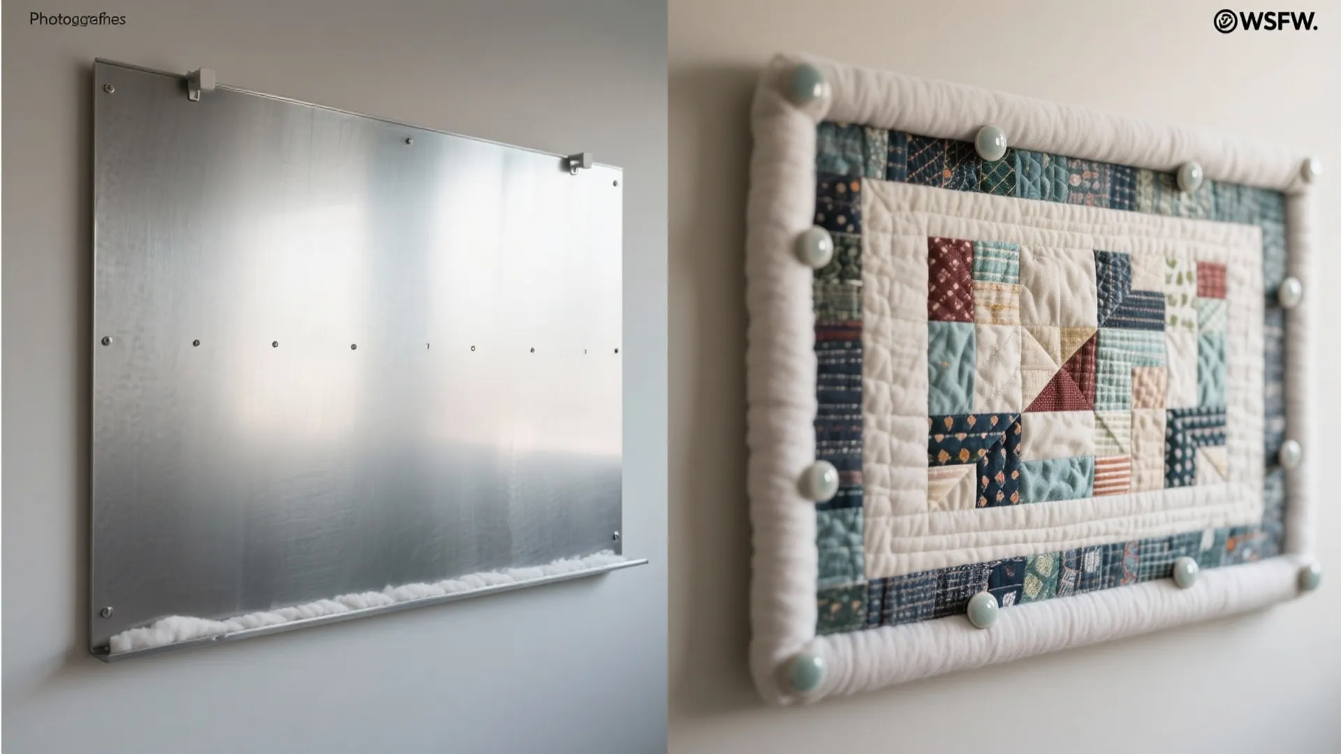 Before-and-after comparison of a plain metal sheet versus a decorative fabric wall hanging with magnets