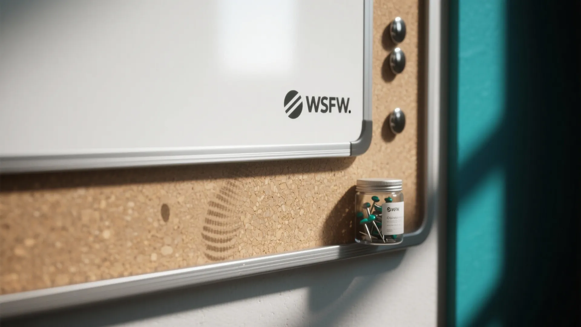 Close up of white board and cork board with small metal magnets and green pins