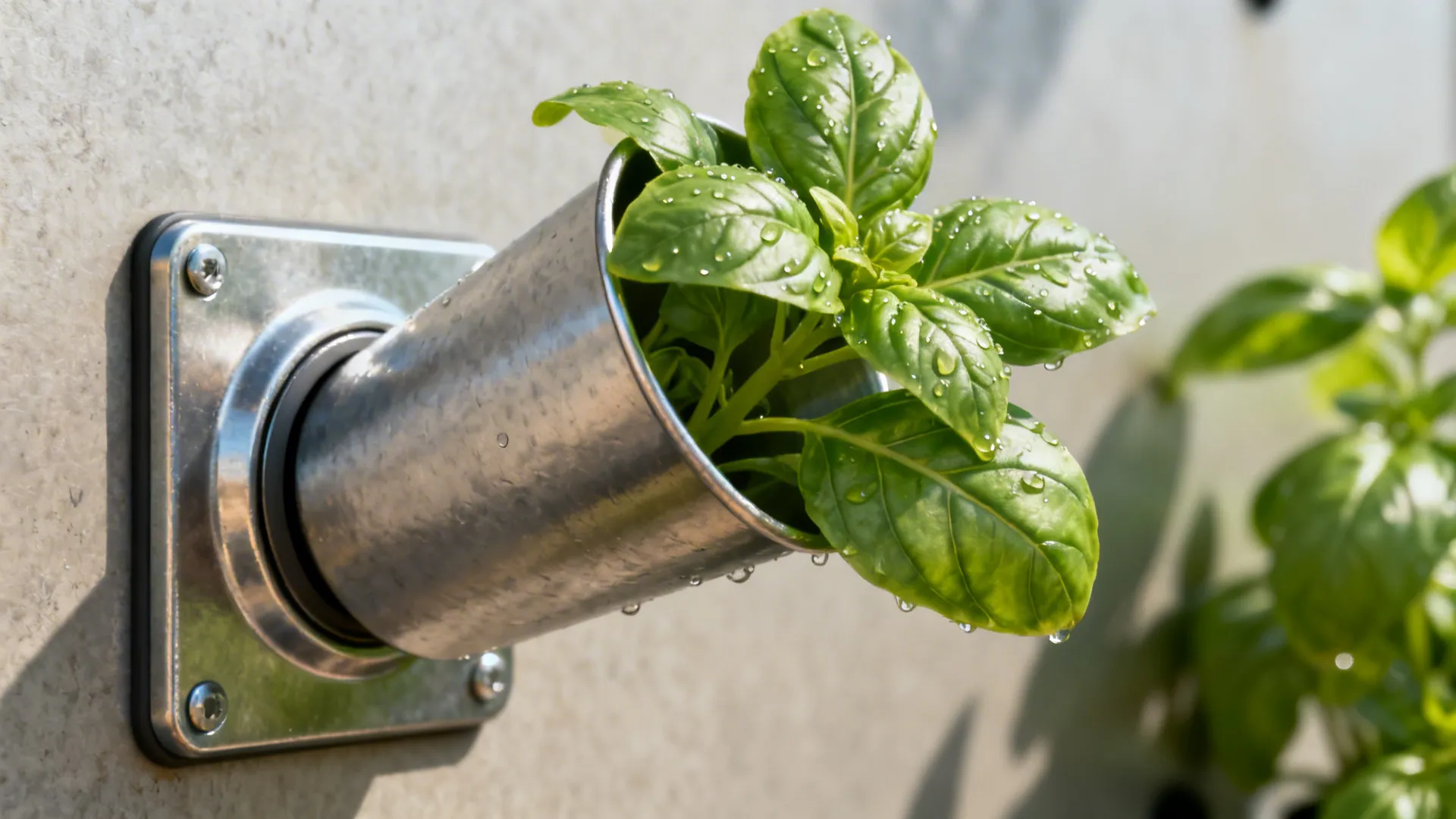 Macro of a magnetic herb cup attaching to a powder-coated steel board with fresh basil.