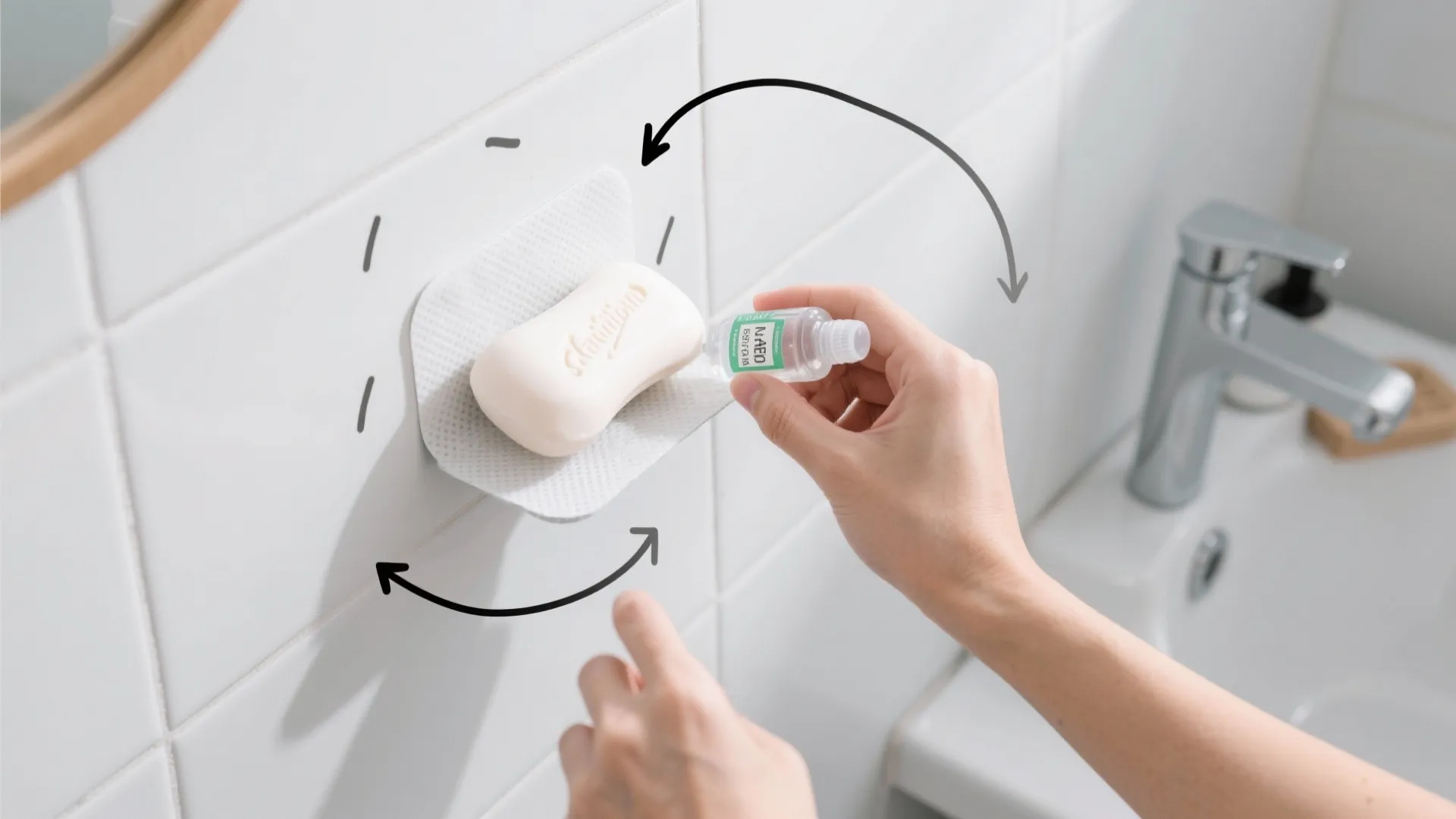 Top-down view of tile prep and adhesive pad placement for a magnetic soap holder.