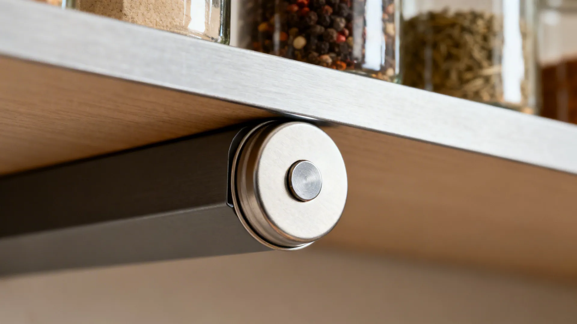 Close-up of a magnetic jar lid attaching to a steel strip under a shelf.
