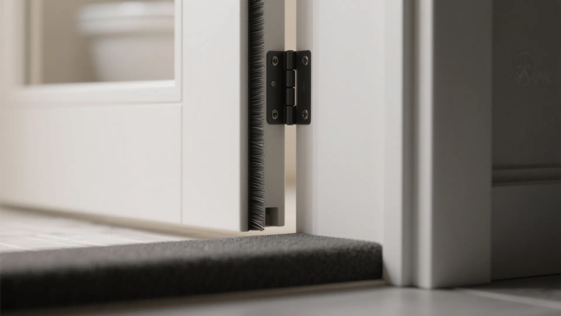 Close up of black door hinge and grey brush seal on a white interior door frame