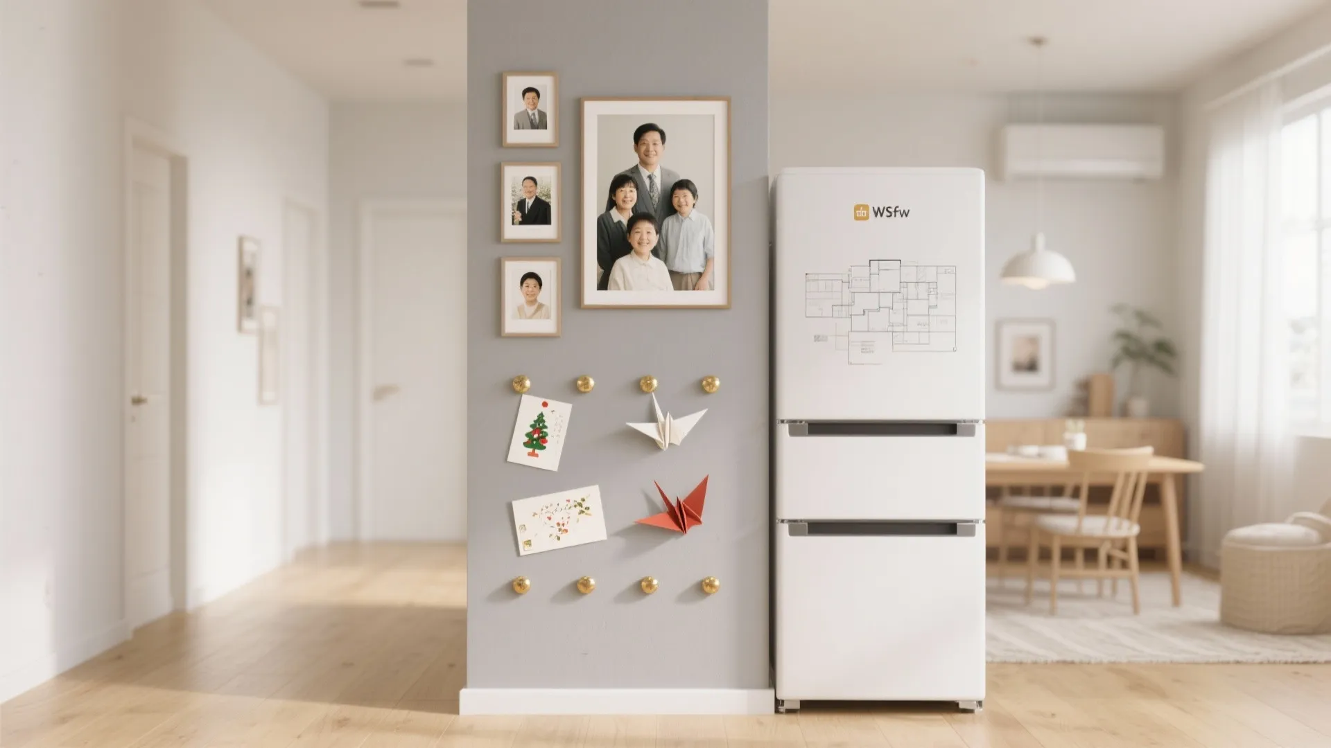 リビングの“マグネットゾーン”：家族写真と祈りを一体化