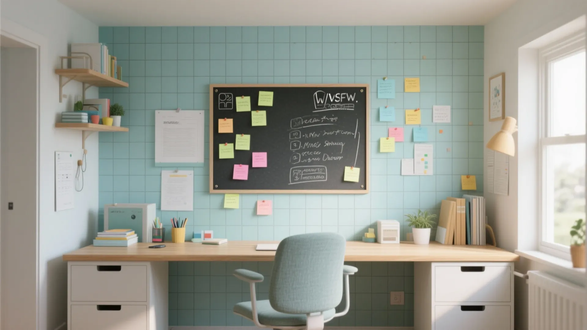 Bright home office with light blue tiled wall featuring blackboard and many colorful sticky notes