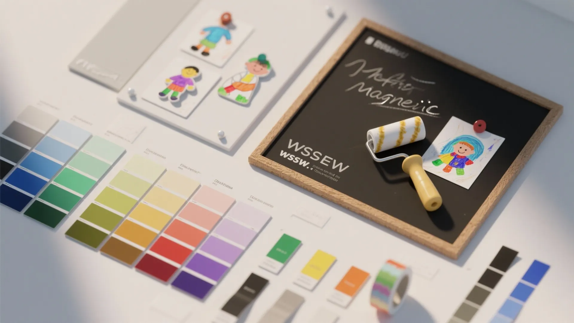Magnetic blackboard with small paint roller color swatches and children drawings for home interior design