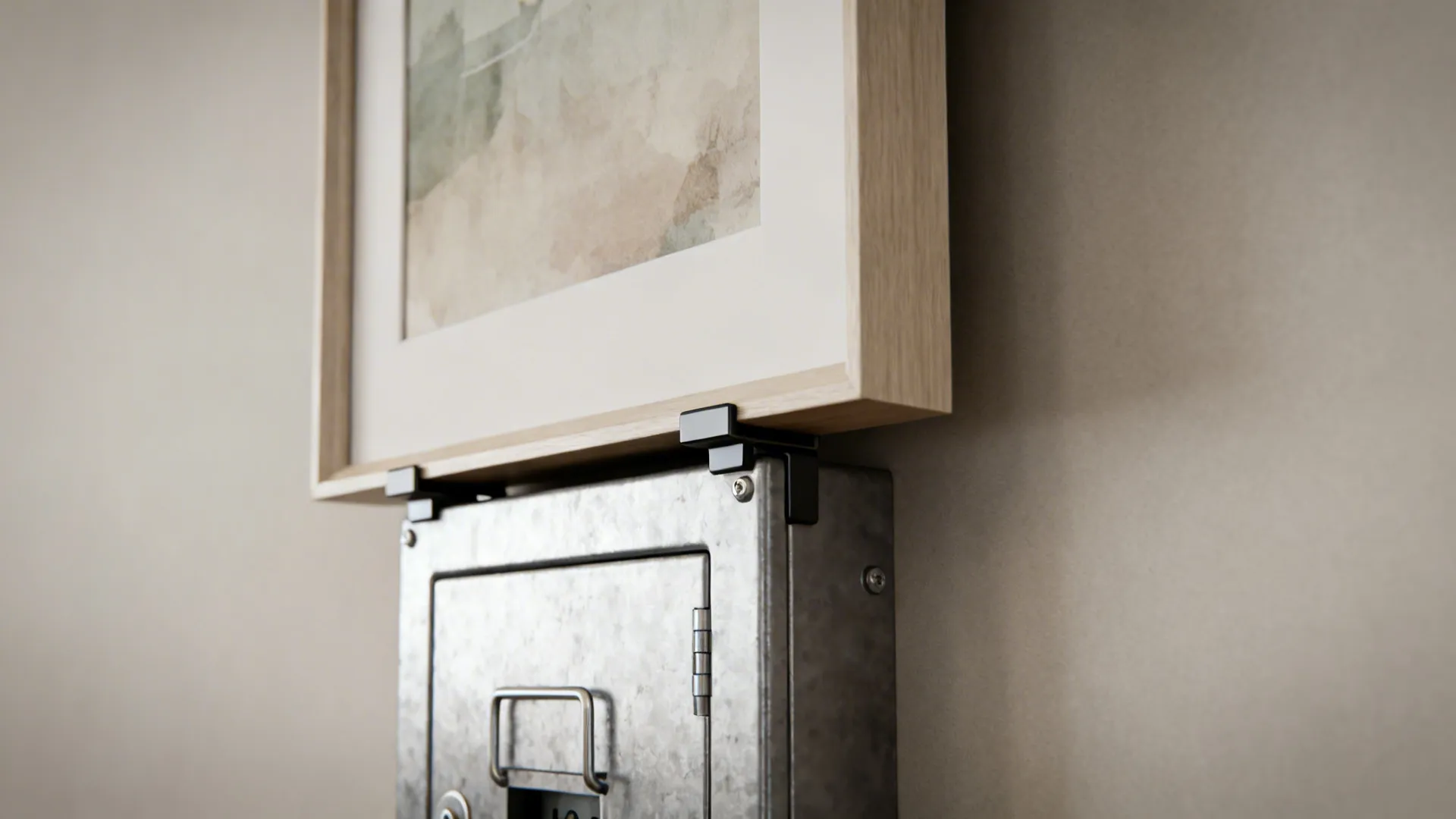 Framed artwork attached with magnets over an electrical box, shown partly removed for access.