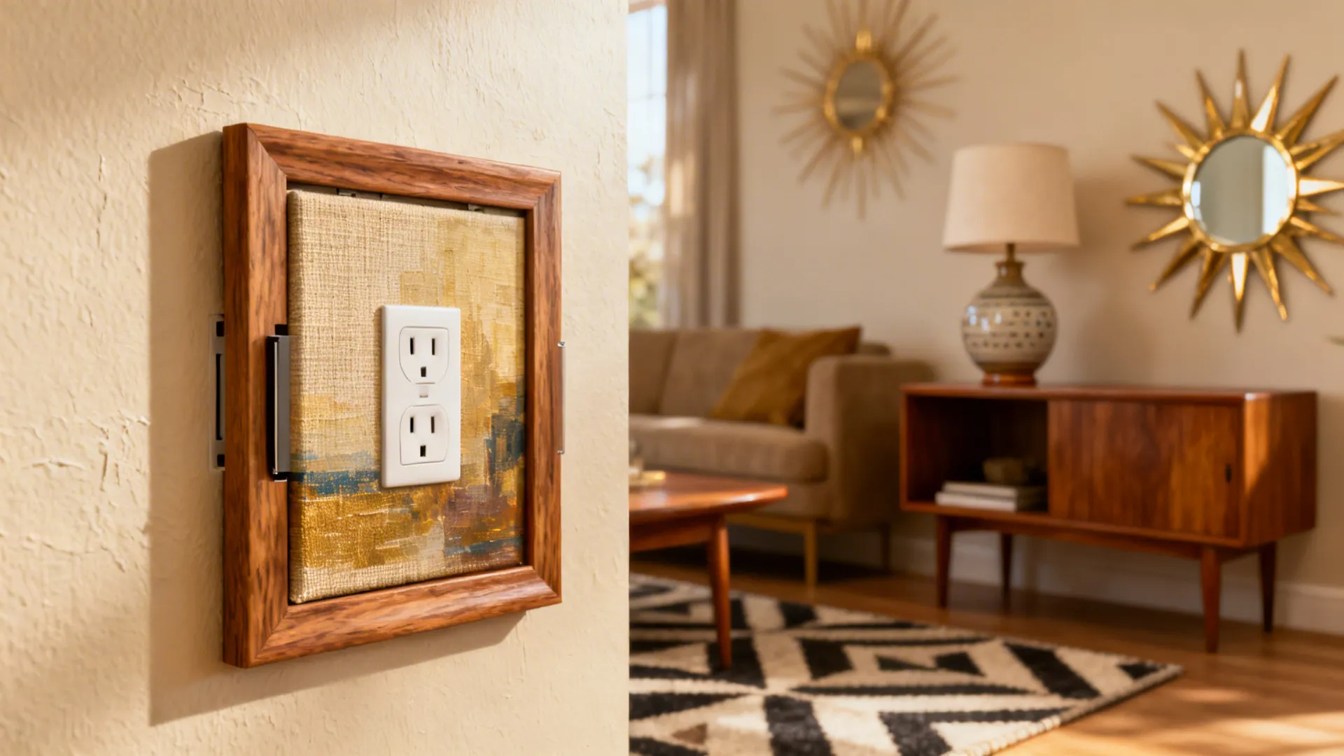 Shallow magnetic art panel mounted over an outlet for easy camouflage and removal.