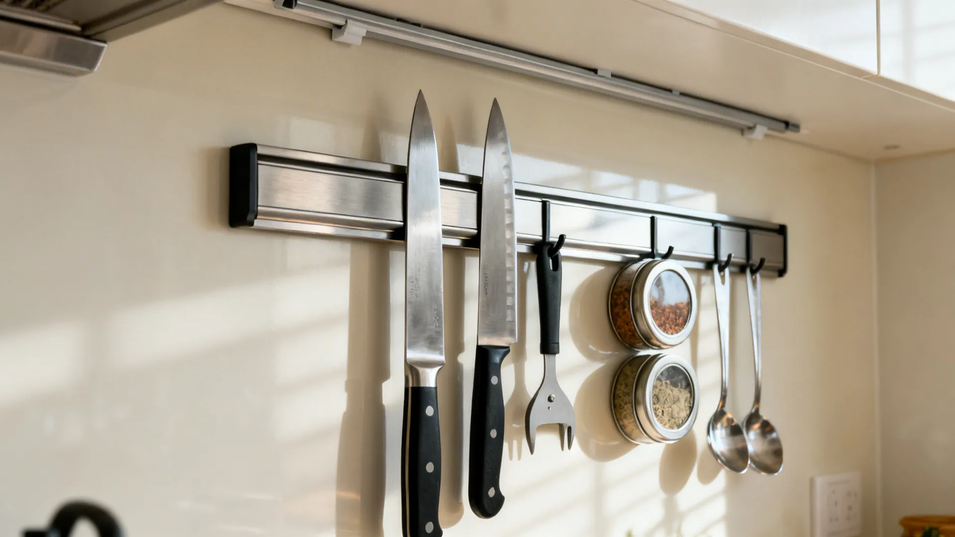 Magnetic steel backsplash panel with knife strip and spice tins mounted with removable rails.