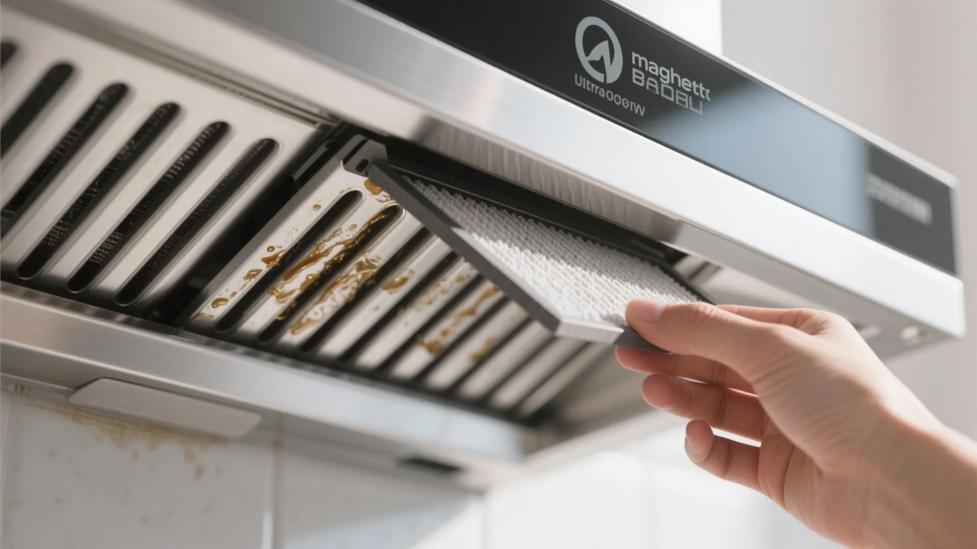 Close up of person removing a dirty grease filter from a metal kitchen vent hood