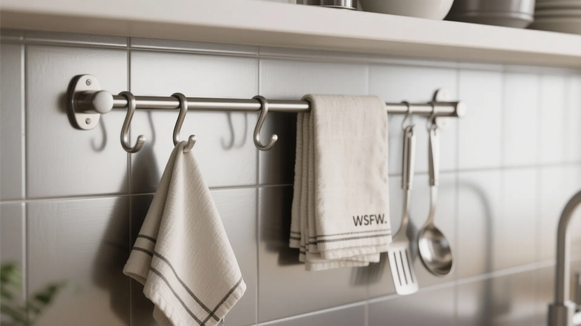 Close-up of a wall-mounted magnetic bar holding towels and metal utensils on a stainless backsplash.