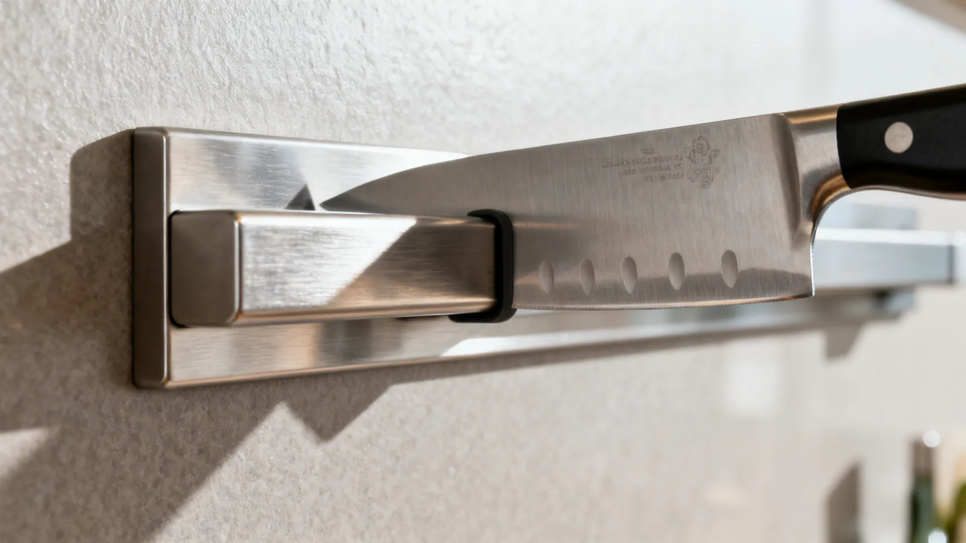 Close-up of a magnetic knife bar securely holding a chef’s knife on a matte backsplash.