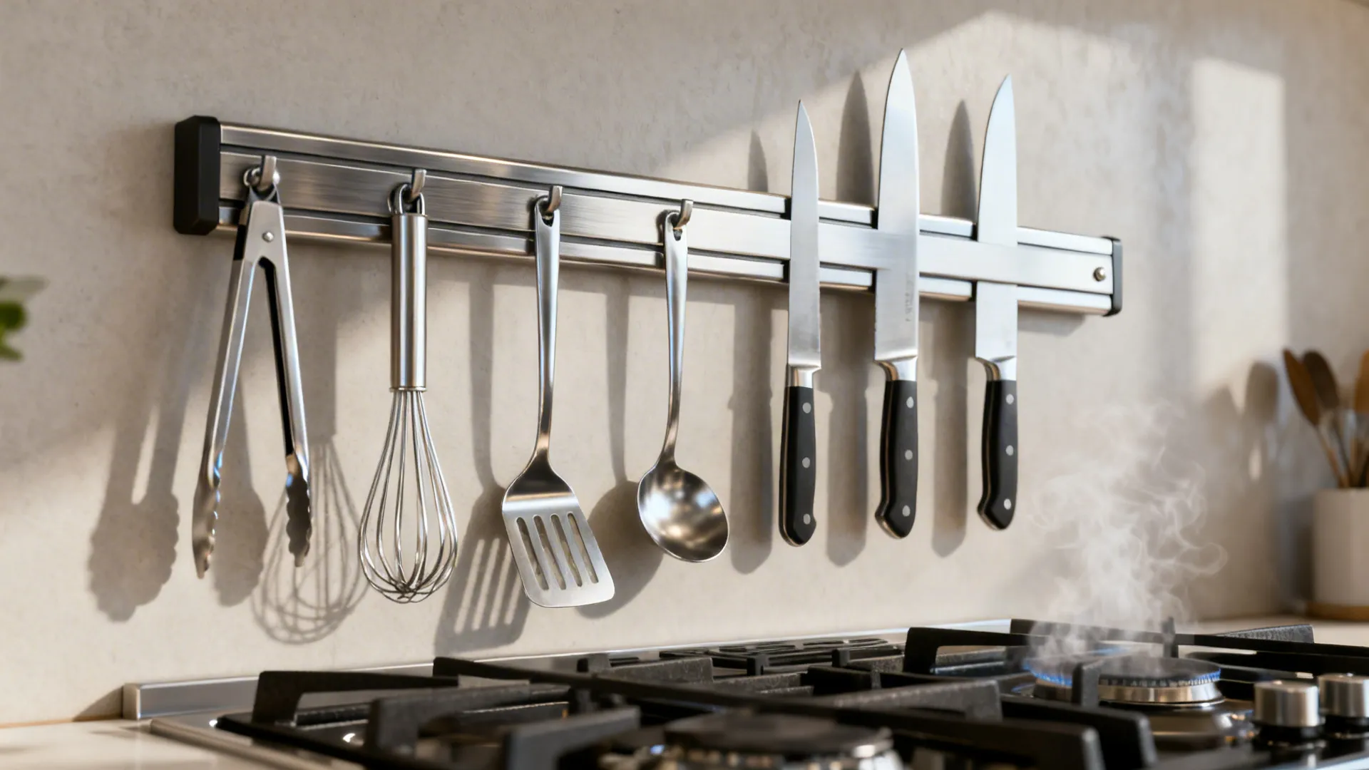 Magnetic strip holding knives and metal utensils on a clean backsplash in a small kitchen.