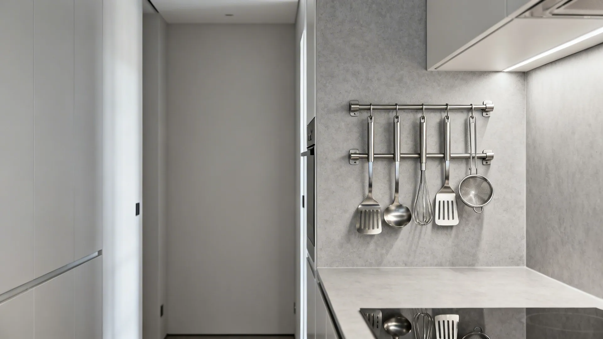 Two stacked magnetic bars in a narrow kitchen holding metal utensils.
