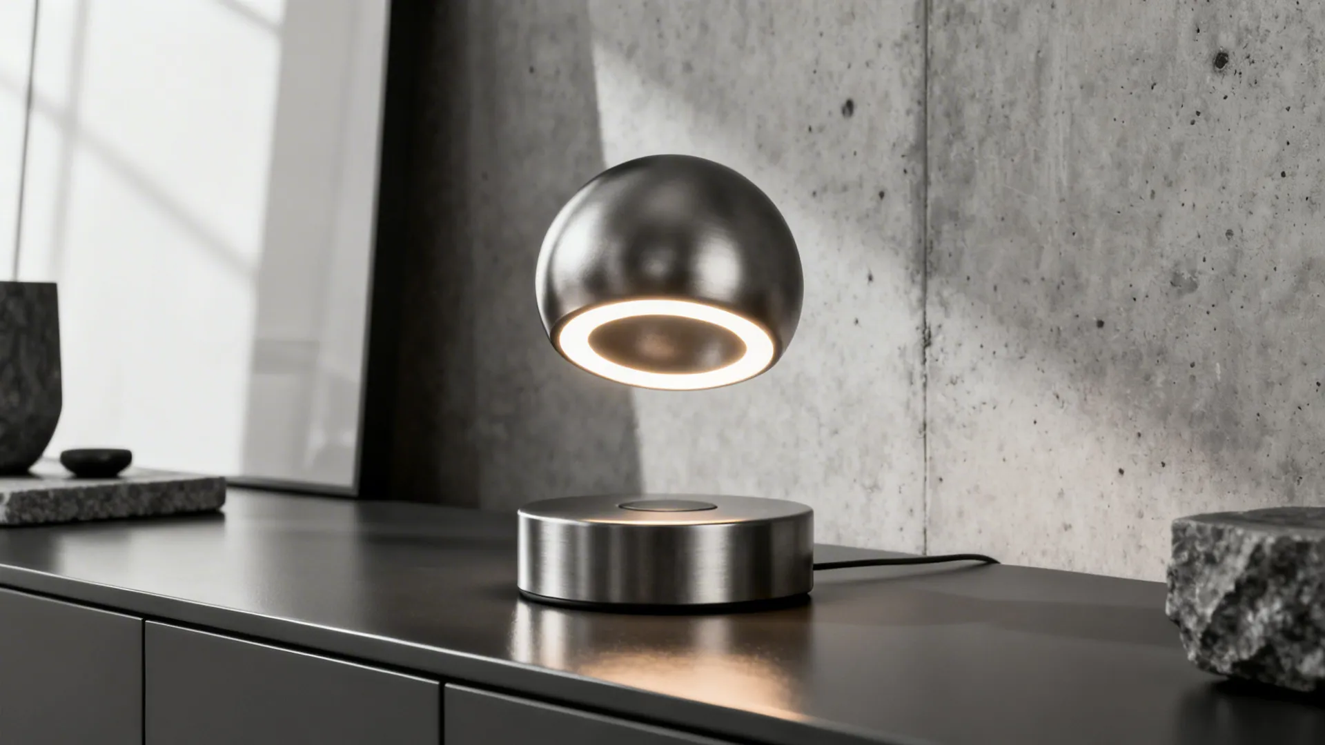 Designer magnetic-base cordless lamp floating above its weighted base on a monochrome console.