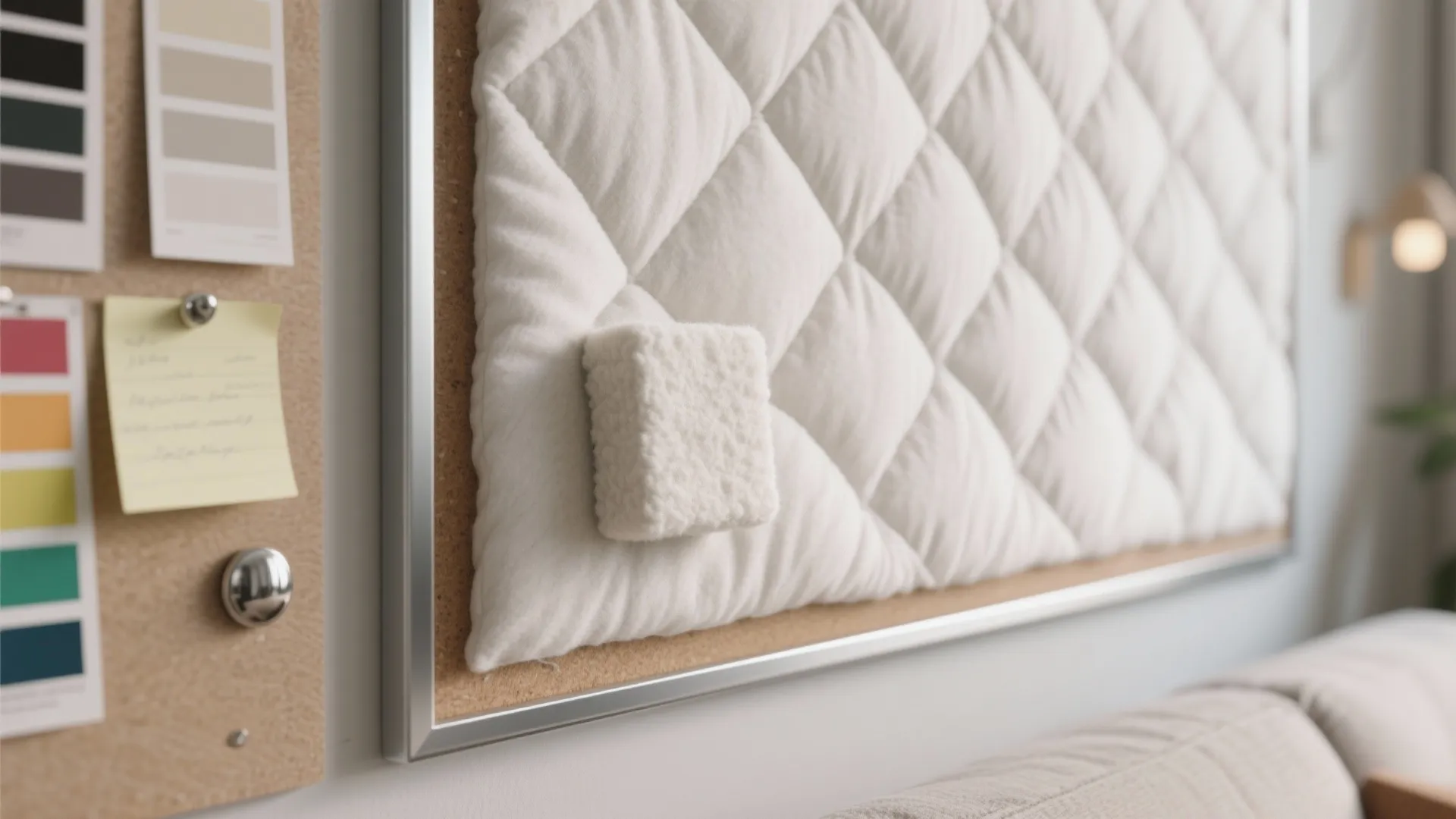 Close up of white quilted wall panel next to a cork board with color swatches