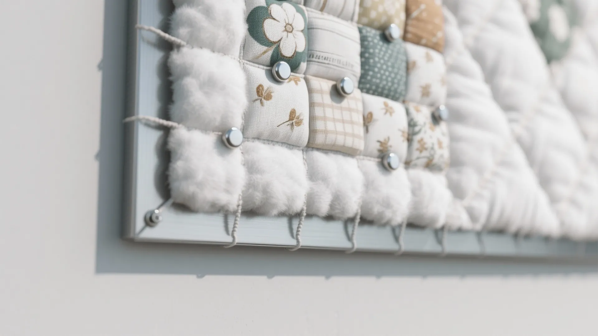 Close up of patterned fabric squares and white fluffy material attached to a metal frame