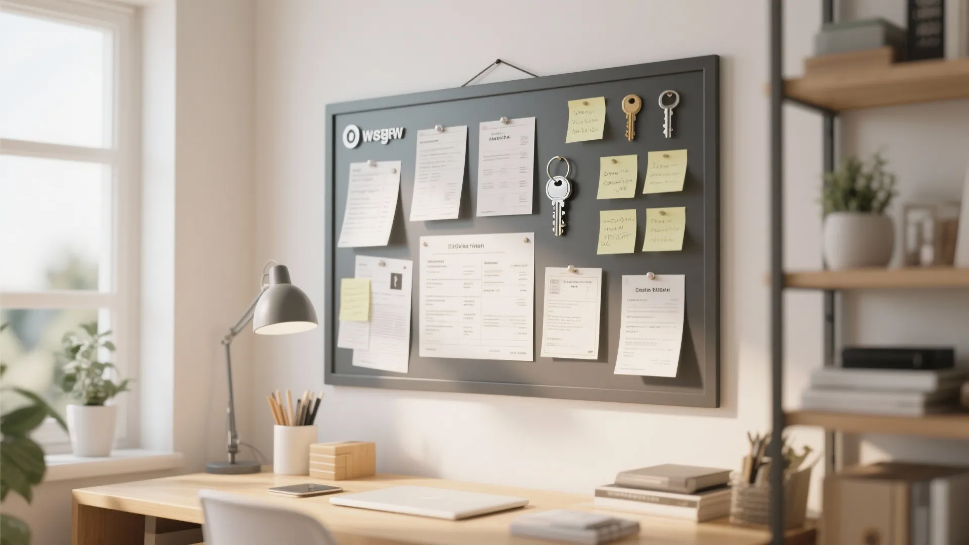 Desk with laptop and desk lamp below a wall board with sticky notes and keys