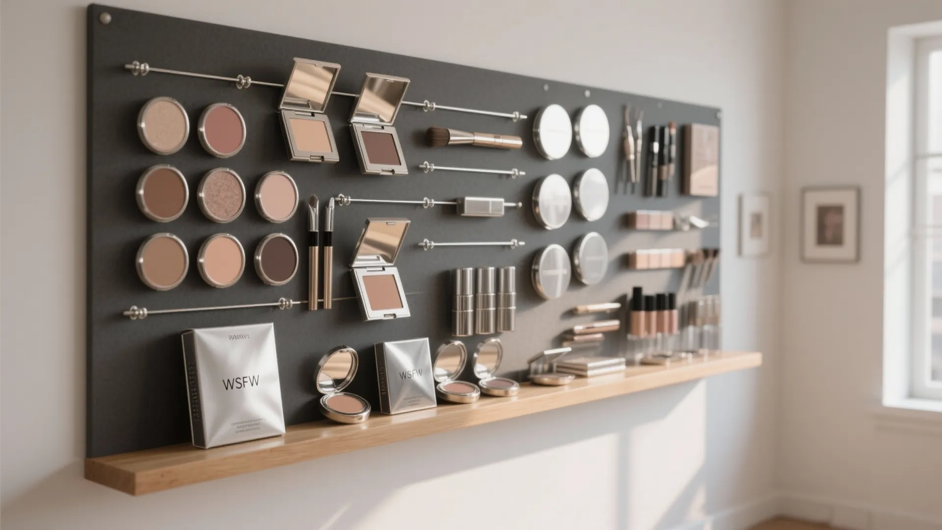 Large black magnetic wall board organizing various makeup products and brushes on a wooden shelf surface