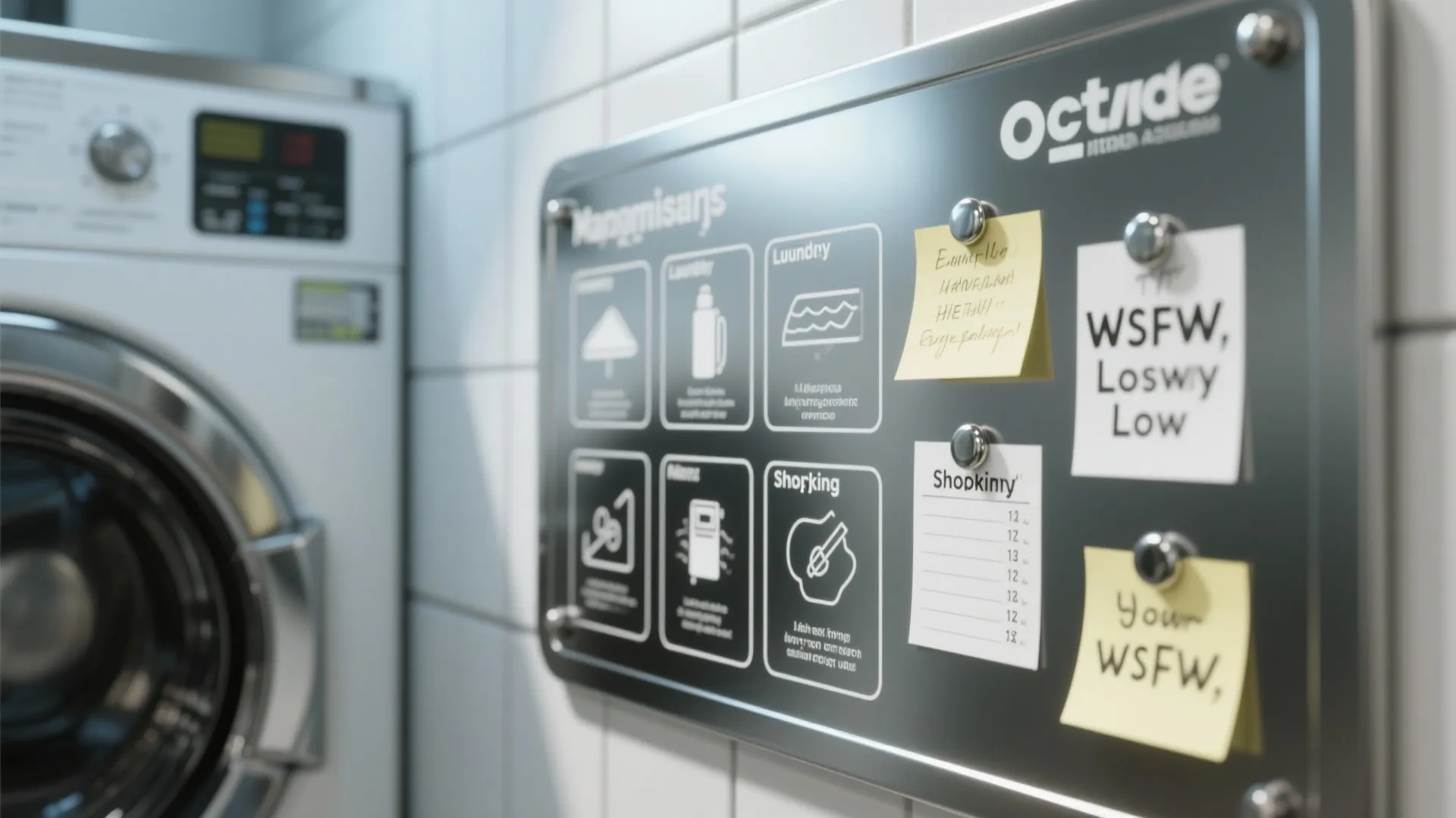 Metal magnetic board with sticky notes and icons next to a white front loading washing machine