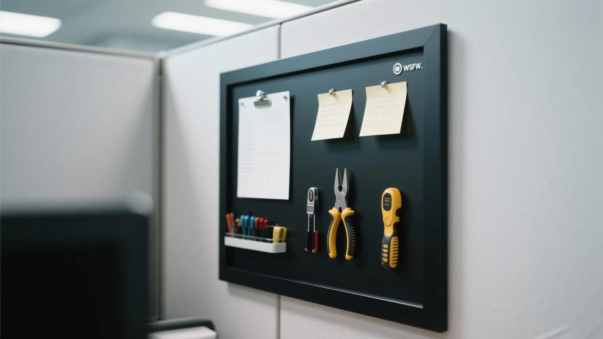 Black magnetic board on cubicle wall holding yellow tools sticky notes and a white paper
