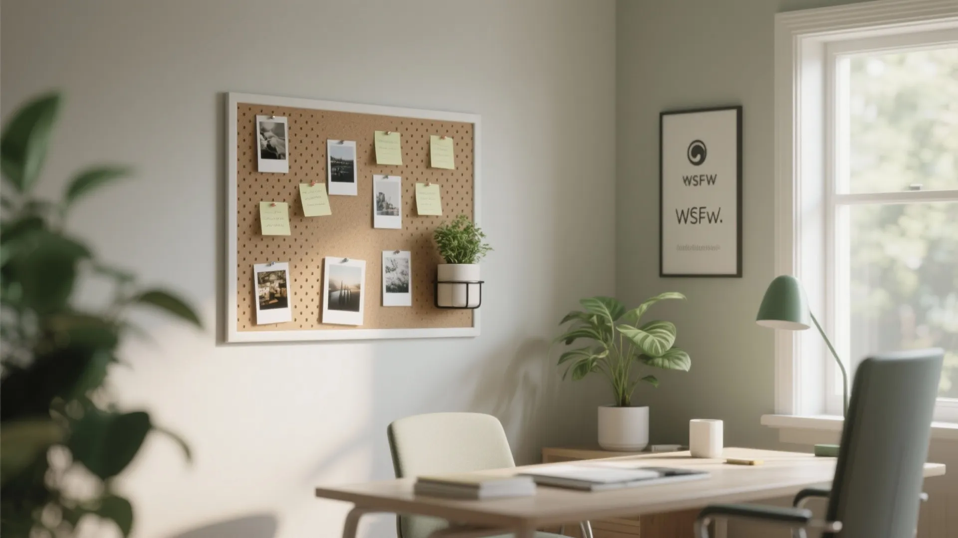 Home office desk area with cork board holding photos and notes beside a green desk lamp