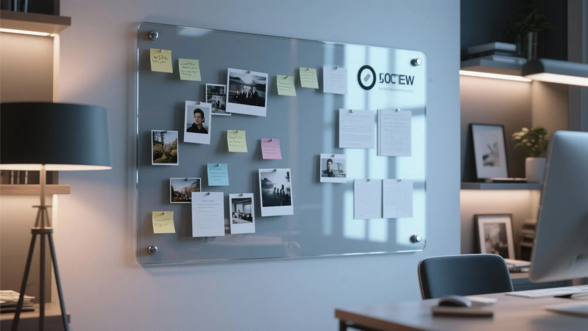 Glass wall board with pinned photos and notes next to a desk and floor lamp