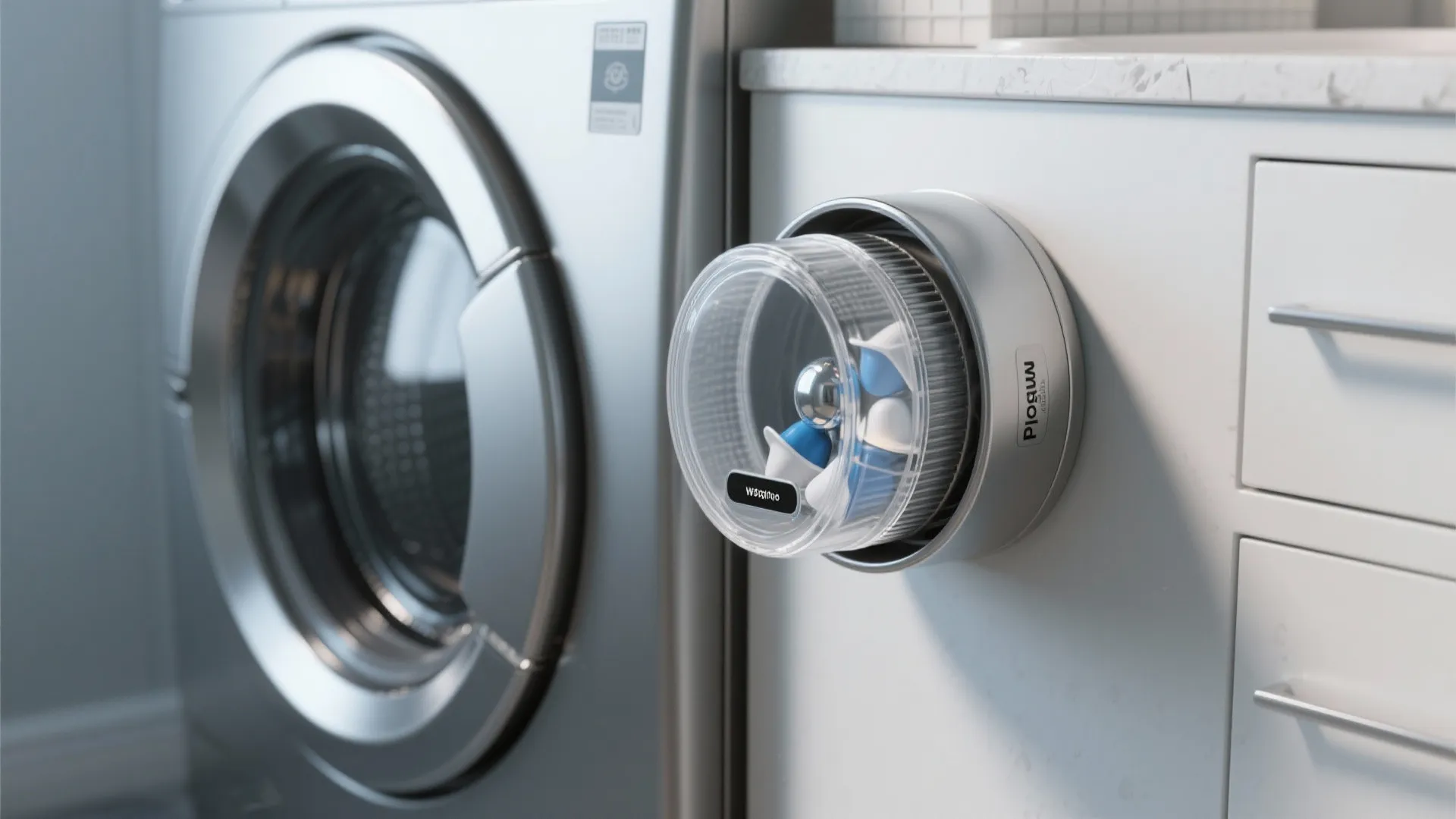 Magnetic laundry pod canister attached to the side of a stainless washer with pods visible through a translucent lid.