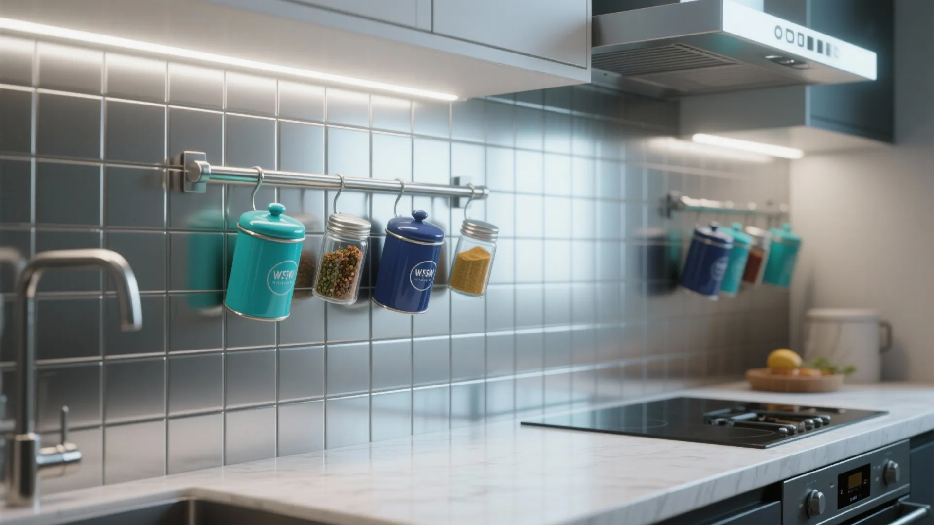 Small spice jars hanging on a metal rod against a grey tiled kitchen wall backsplash