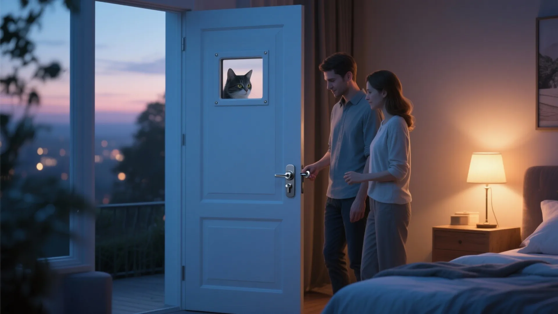 Couple in bedroom looking at cat through a small square window in a white door