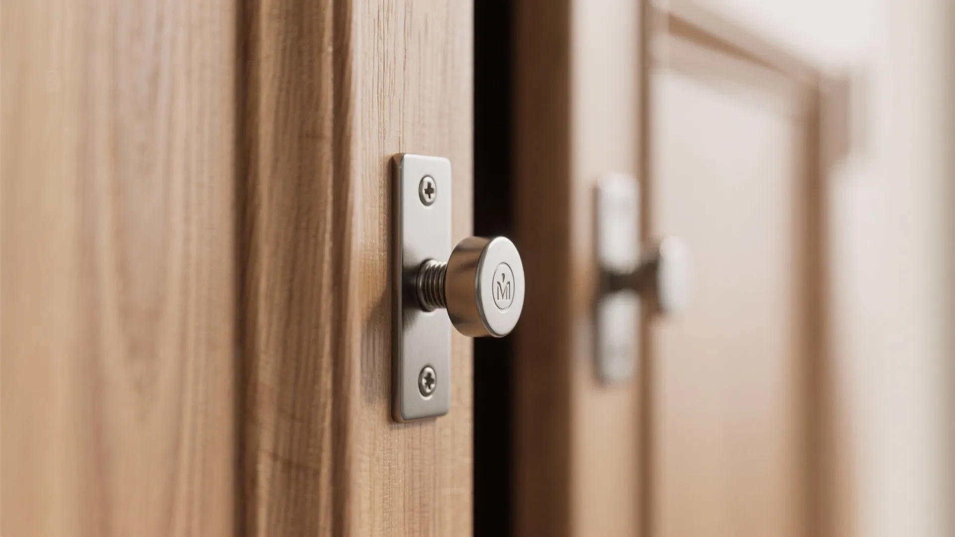 Close up view of two silver magnetic door catches installed on a light wooden cabinet