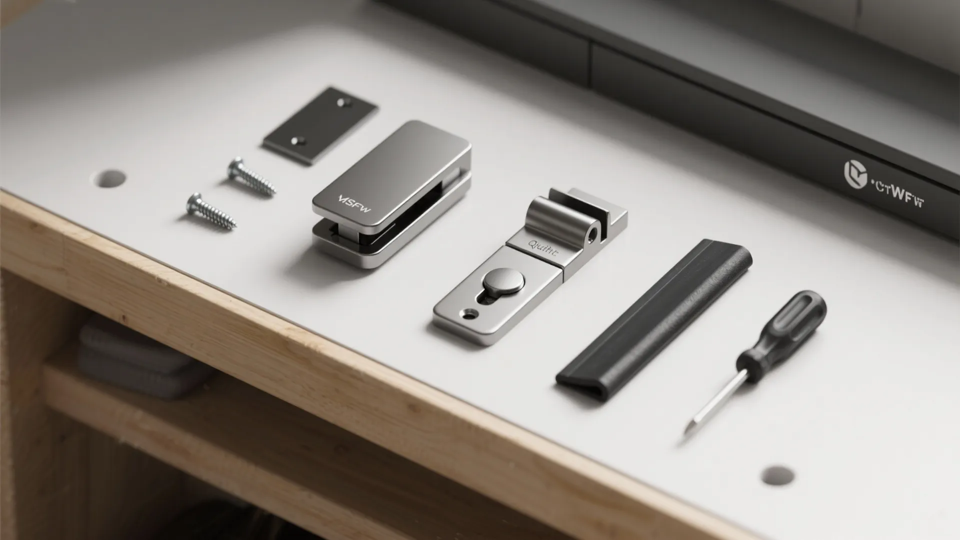 Flatlay of magnetic catch, quiet latch, and bumper strip hardware for double-acting doors on a neutral bench.