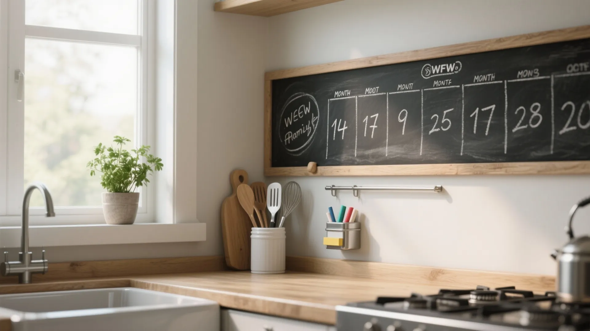 Magnetic chalkboard roll calendar strip in a small kitchen with metal month cards and chalk container.
