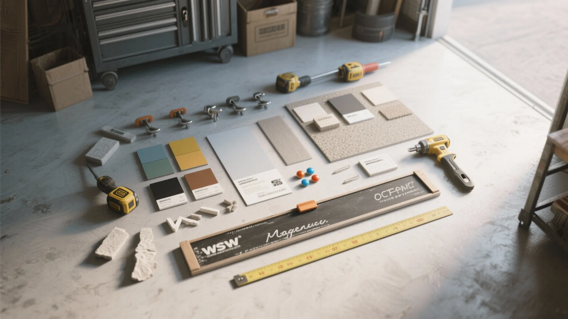 Selection of home improvement tools and material samples laid out on a grey concrete floor
