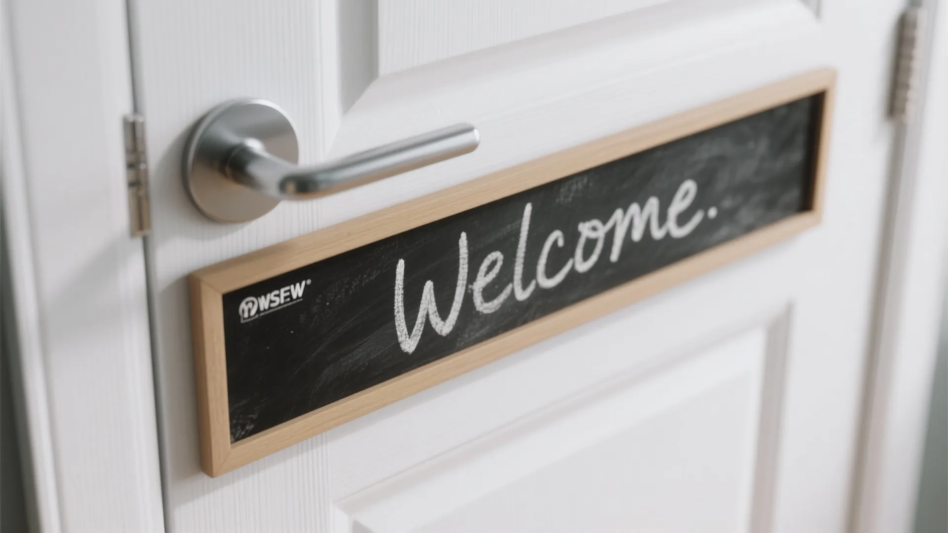 Top-down view of a magnetic chalkboard strip on an over-the-door hook with handwritten chalk text, showing scale and backing.