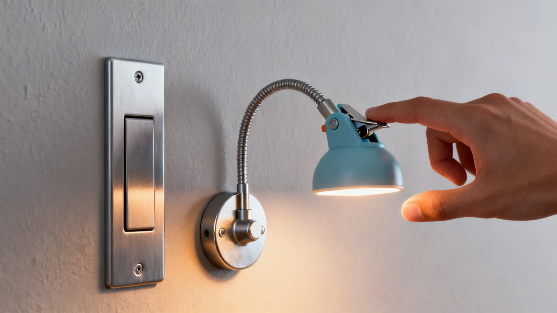 Magnetic clip-on wall light with metal base shown beside a painted wall, a hand clipping it into place.