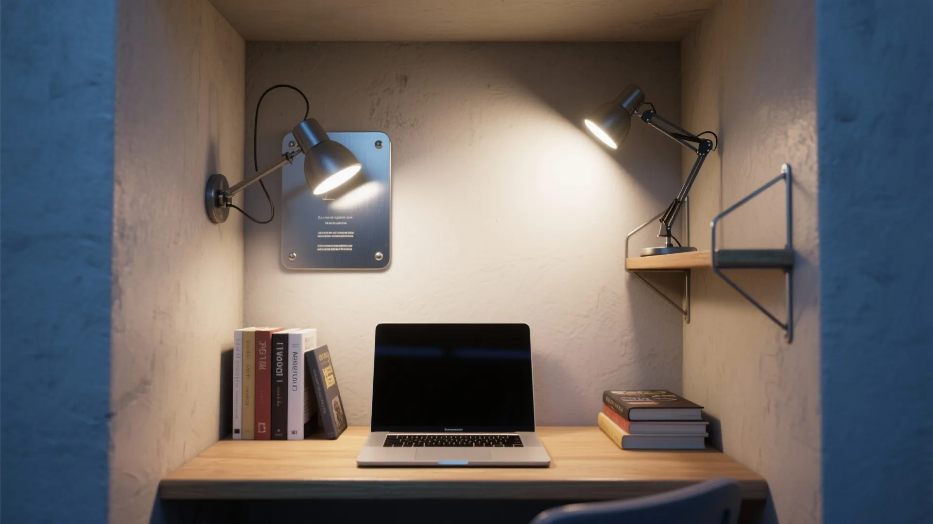 Small home office workspace with laptop books and two black desk lamps on wooden table