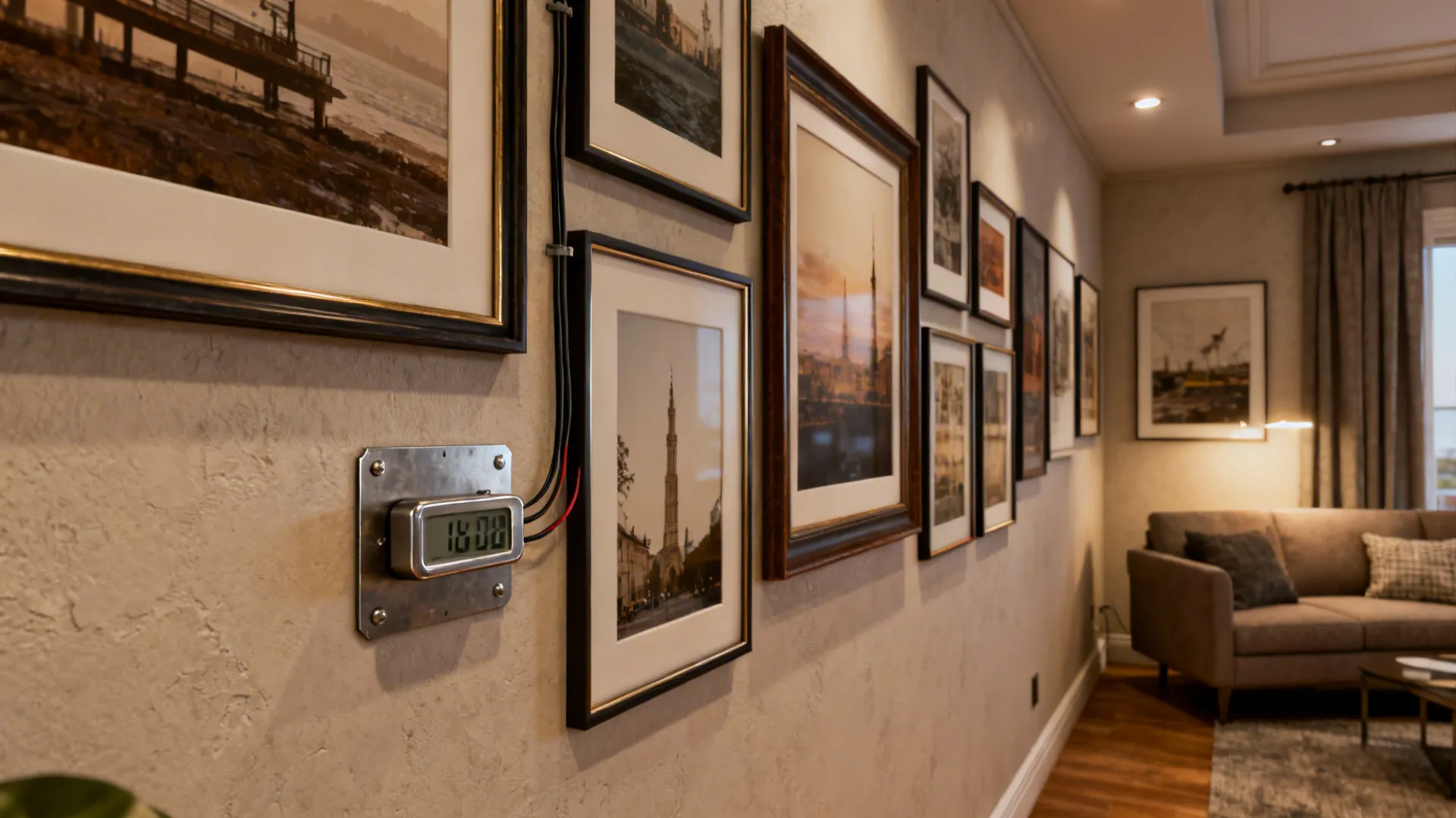 Gallery wall with framed art and a small magnetic metal digital clock on a metal plate