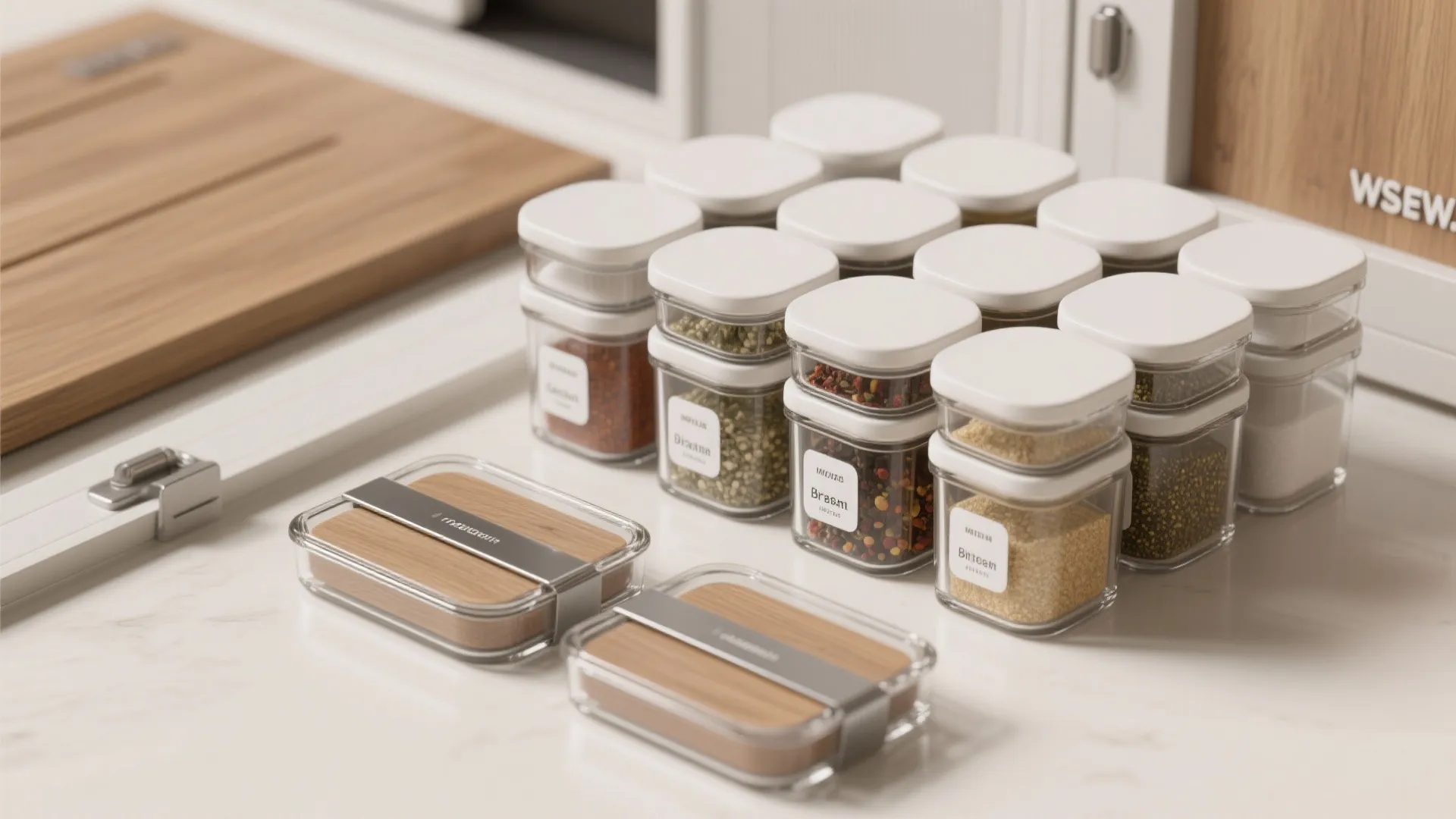 Small clear square spice jars with white lids and labels arranged on a white counter