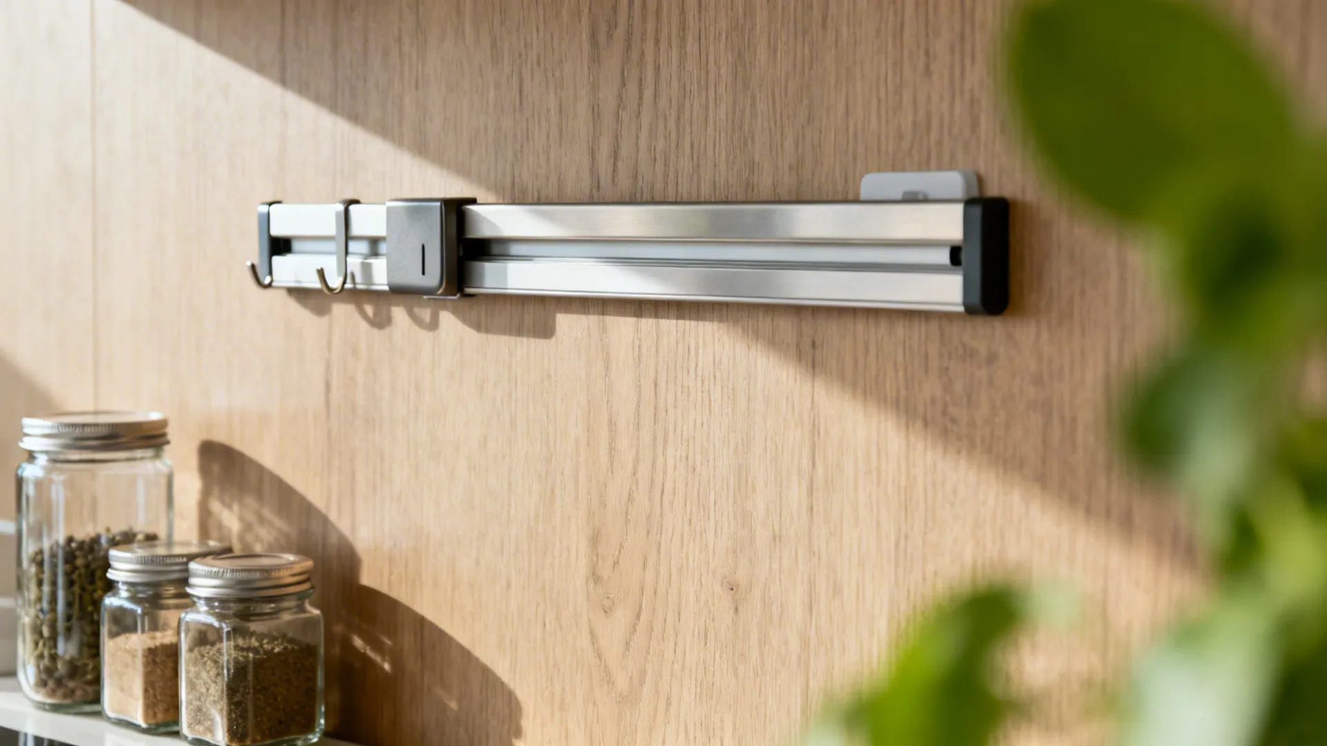 Close-up of magnetic strip and adhesive rail holding knives and spices on a rental wall.