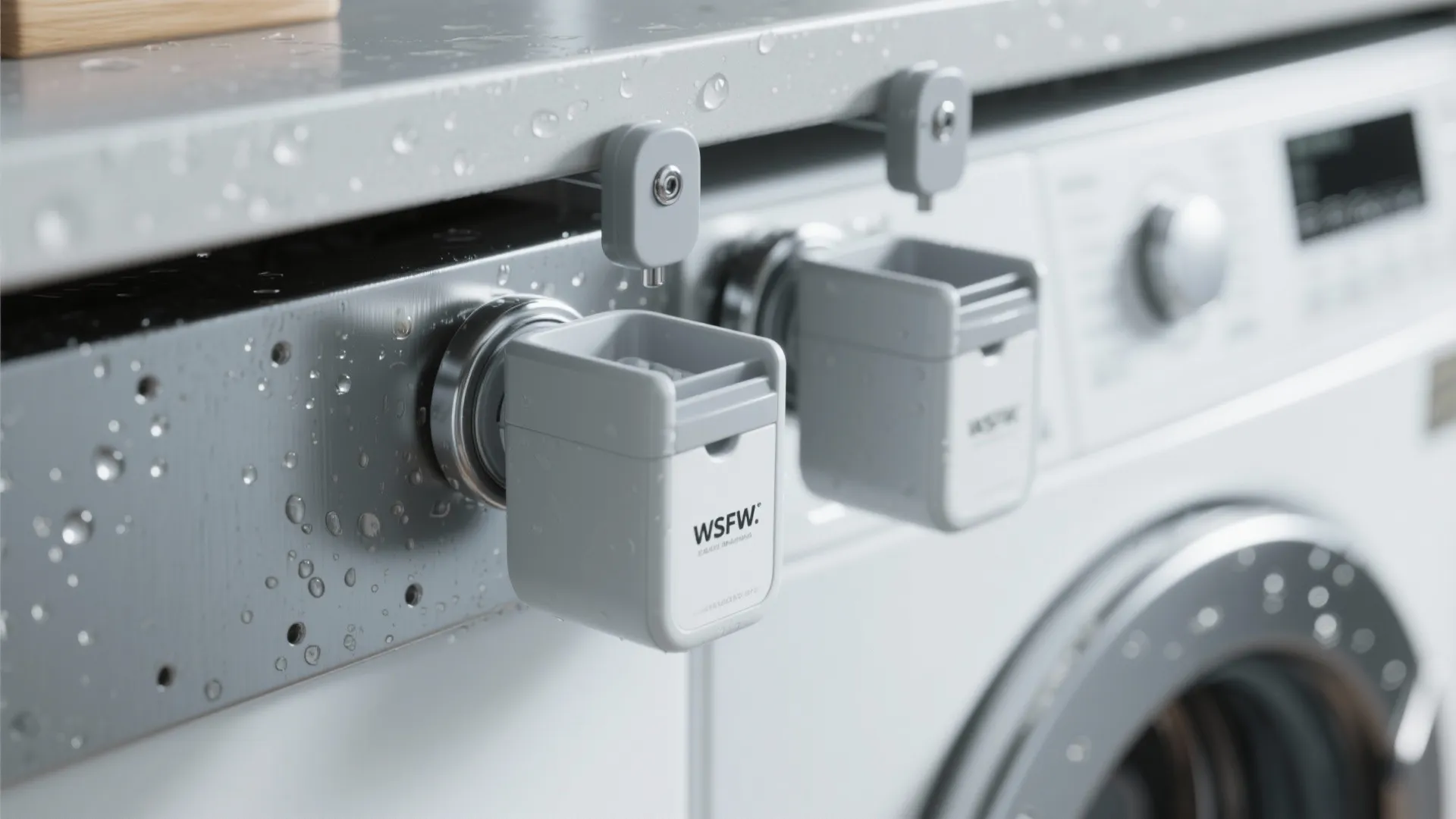 Magnetic detergent dispenser mounted on a white washing machine with water drops on the metal surface