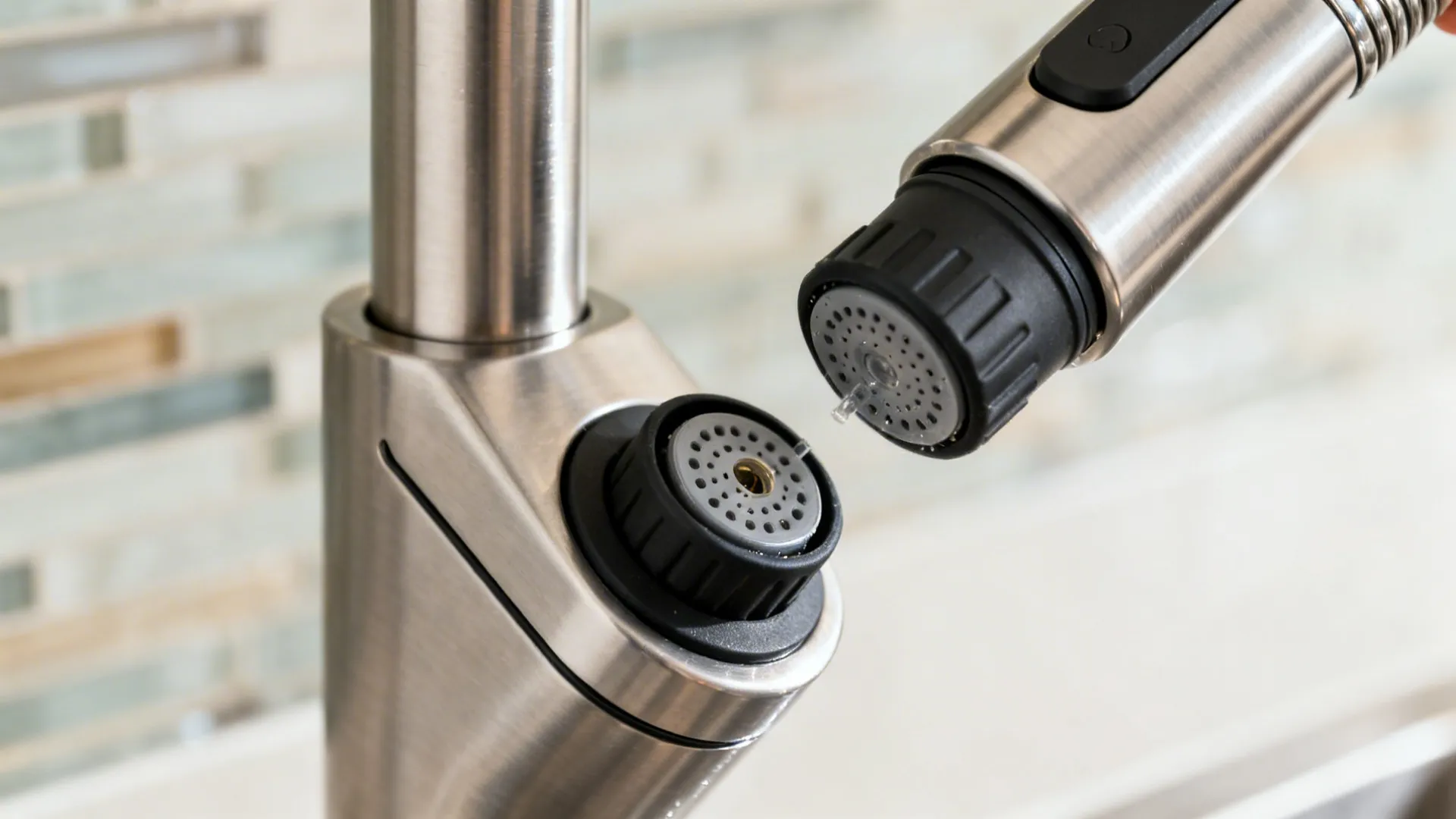 Close-up of pull-down faucet head aligning with magnetic dock, brushed finish and nozzles visible.