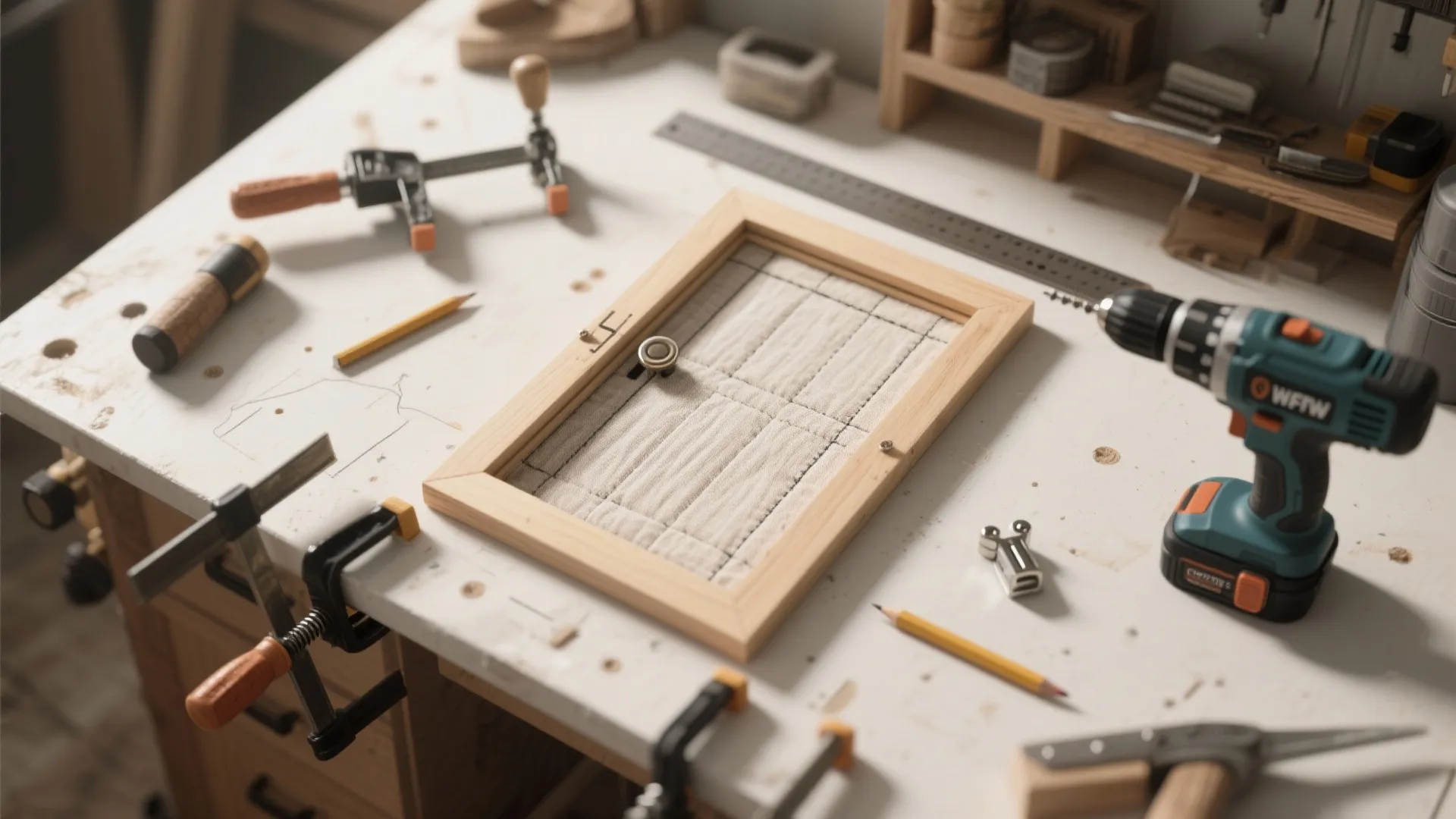 Workbench with power drill clamps and ruler showing a small wooden door frame being built manually