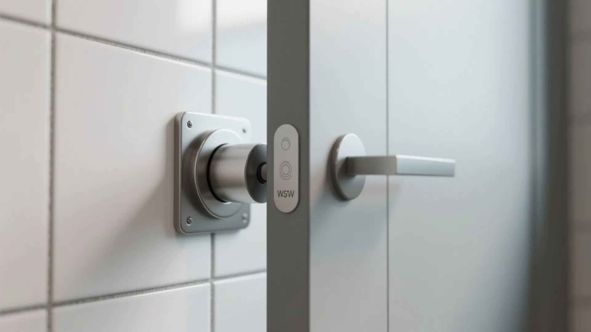 Close-up of a magnetic door stop mounted on a bathroom tile wall with the door plate aligned.