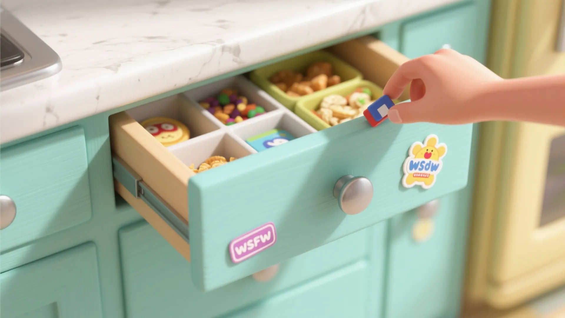 Top-down view of a snack drawer with magnetic paint and small magnetic labels, showing functional use.
